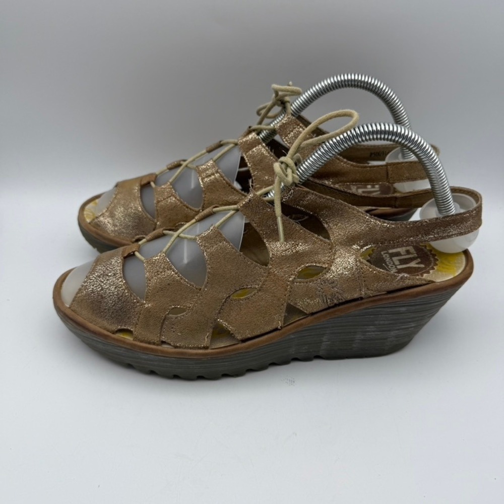 Fly London Lace Gladiator Wedge Sandals Metallic Gold Leather EU 41 US‎ 10-10.5